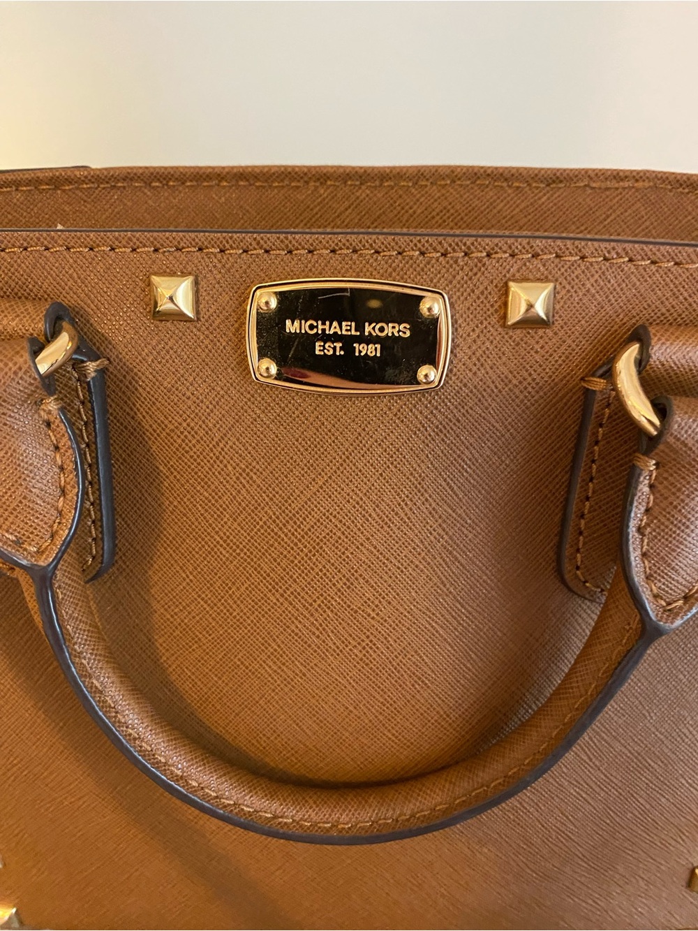 Michael Kors Brown Studded Saffiano Leather Mini Satchel with Gold Hardware! - Picture 3 of 7